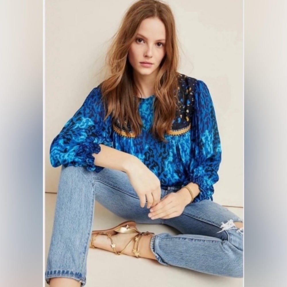 BLANK LONDON Miranda Anthropologie Blue Gold Sheer Blouse 3X boho unique